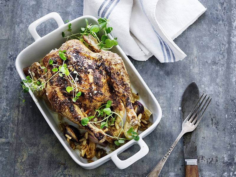 Roast Chicken with Pine Nuts and Watercress