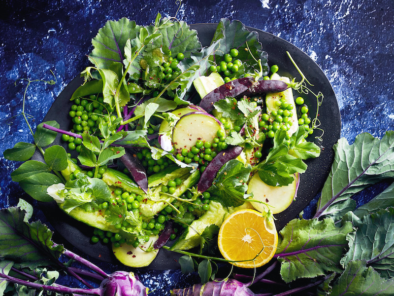 Pea, kohlrabi and smashed cucumber salad